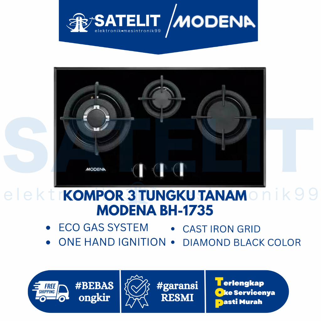 Modena Kompor Gas Tanam BH 1735 BDBK – Kompor 3 Tungku Tanam Premium untuk Dapur Modern