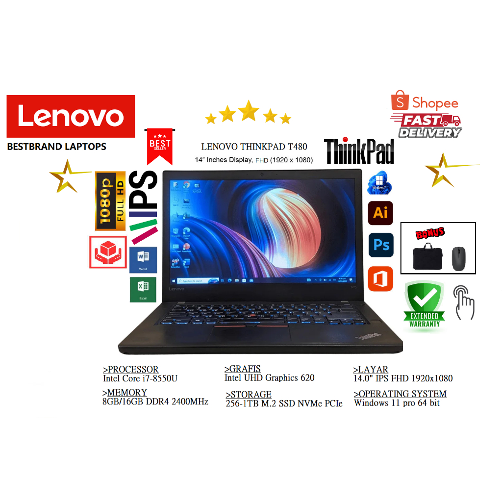 LAPTOP LENOVO THINKPAD T480 i7 GEN 8 RAM 32GB/1TB SSD TOUCHSCREEN