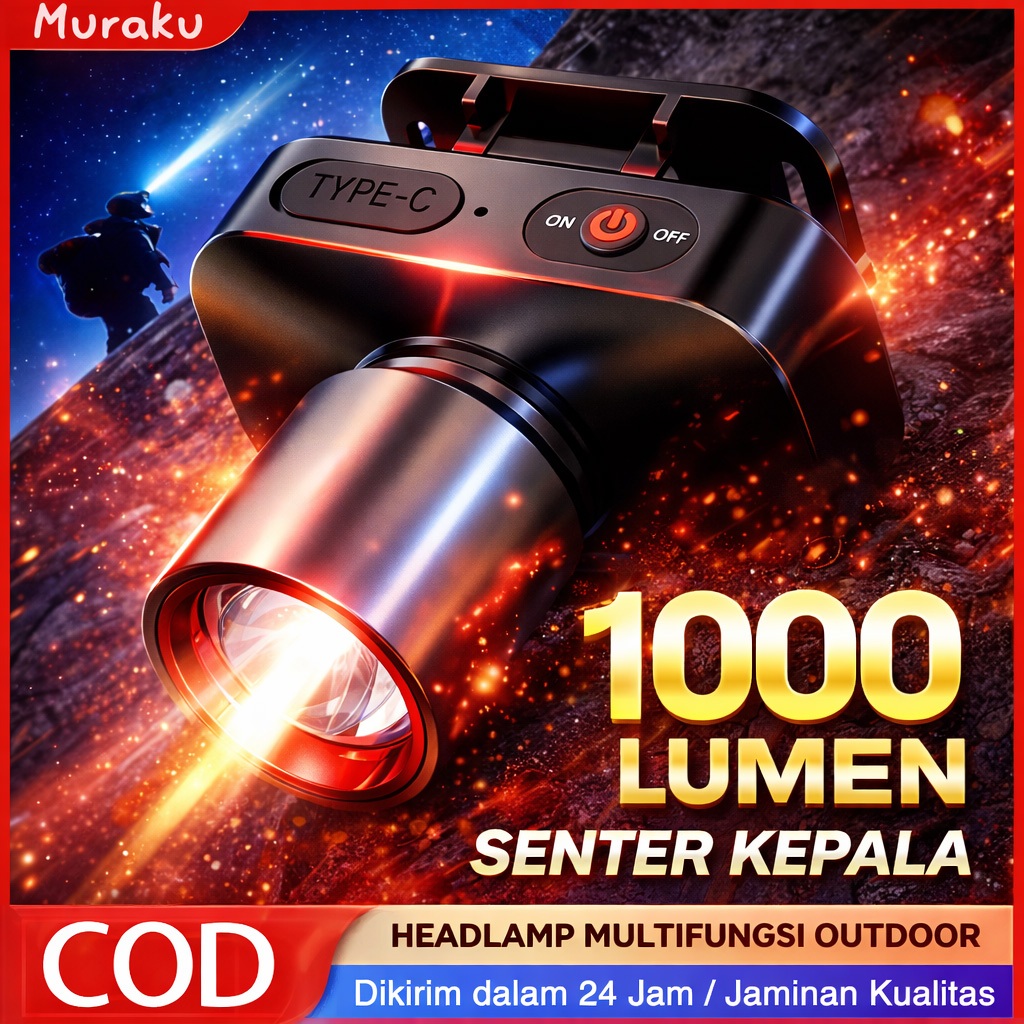 [Garansi 10 tahun] Senter Kepala Cahaya Maksimal Plus RechargePro dengan USB Fokus & Penyebaran Zoom