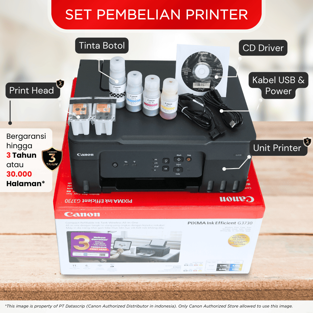 Printer Wifi Canon G3730 Hitam – Ink Tank Wireless All In One Print Scan Copy MacOS – Garansi 3 Tahun – Pengganti L3250 L3251