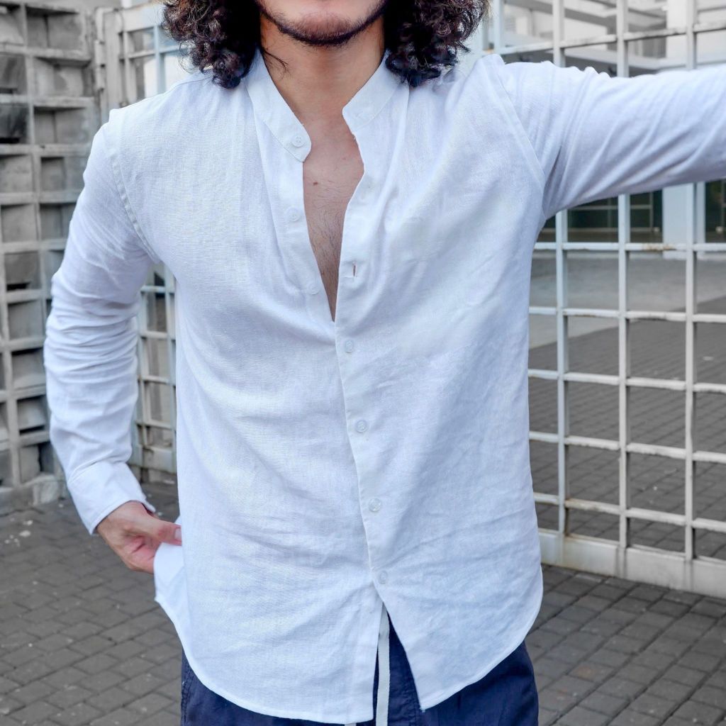 REMEDY Kemeja Linen Pria Putih Koko Panjang - Marakesh Linen Shirt