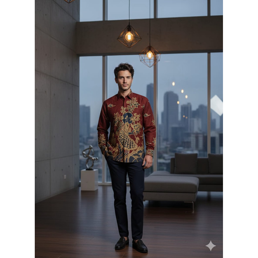 Batik Pria Premium bahan Doby merah maroon smok motif merak