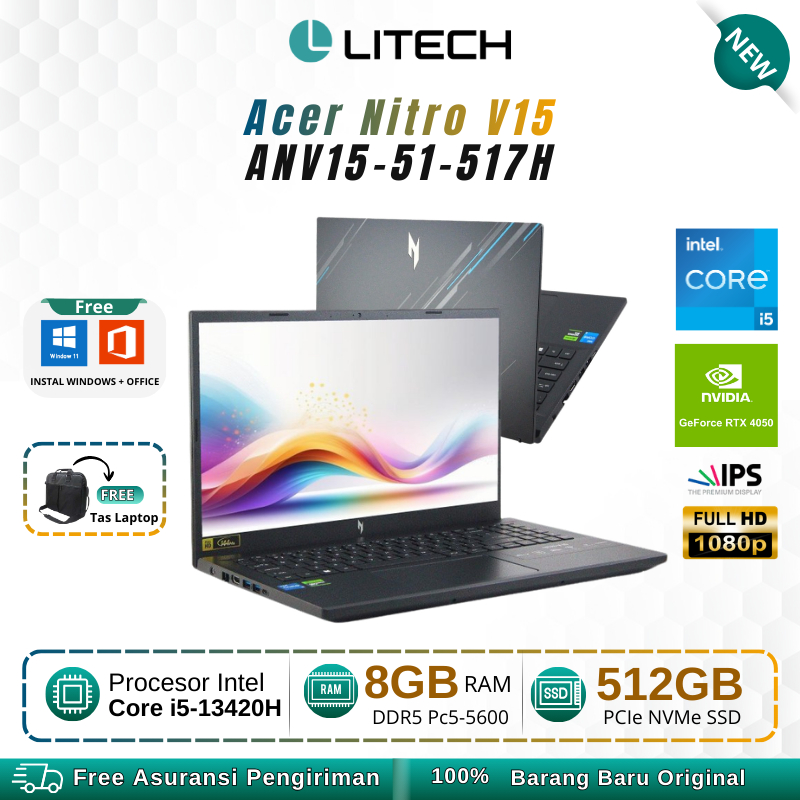 LAPTOP BARU Acer Nitro V15 ANV15-51-517H with Intel i5-13420H and NVIDIA RTX4050 AND 8GB DDR5