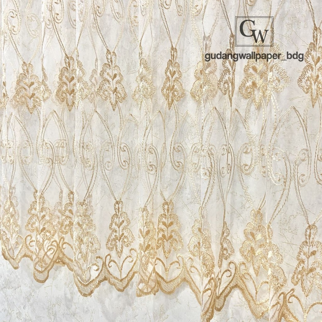 Vitrage Vitrase Gorden Premium Naya Klasik Bordir Turkey Motif Bunga Warna Gold dan Putih  (1 PCS)