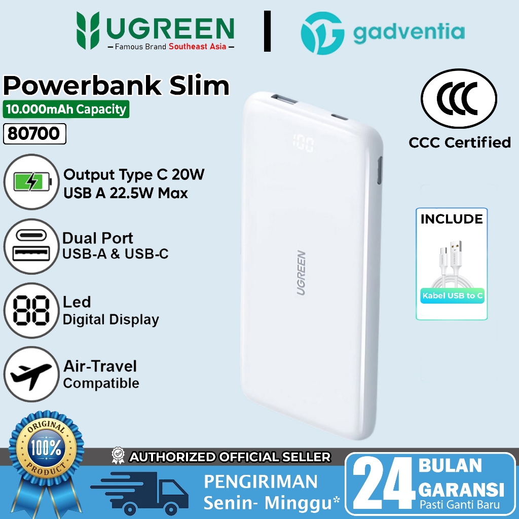 UGREEN Power Bank Ultra Slim 10.000mAh CCC Type C Led Digital Display Powerbank PD Fast Charging 20W