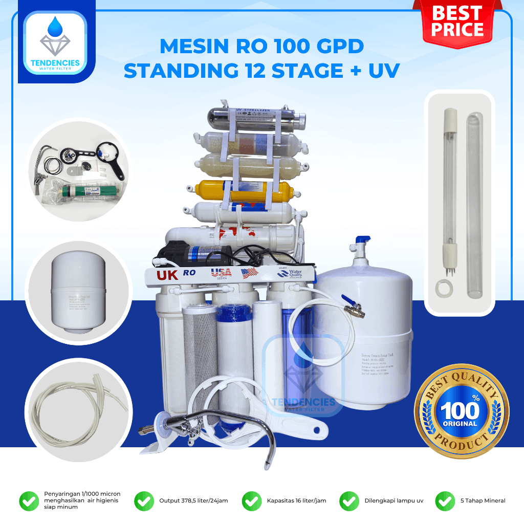Mesin Filter Air RO 100 GPD Standing 12 Tahap UV Sistem Penyaringan Air Minum Higienis Rumah Tangga