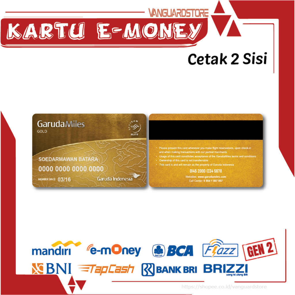 KARTU E MONEY DEBIT CREDIT GARUDA GOLD EMONEY MANDIRI FLAZZ BCA BNI TAPCASH BRIZZI BRI - 2 SISI