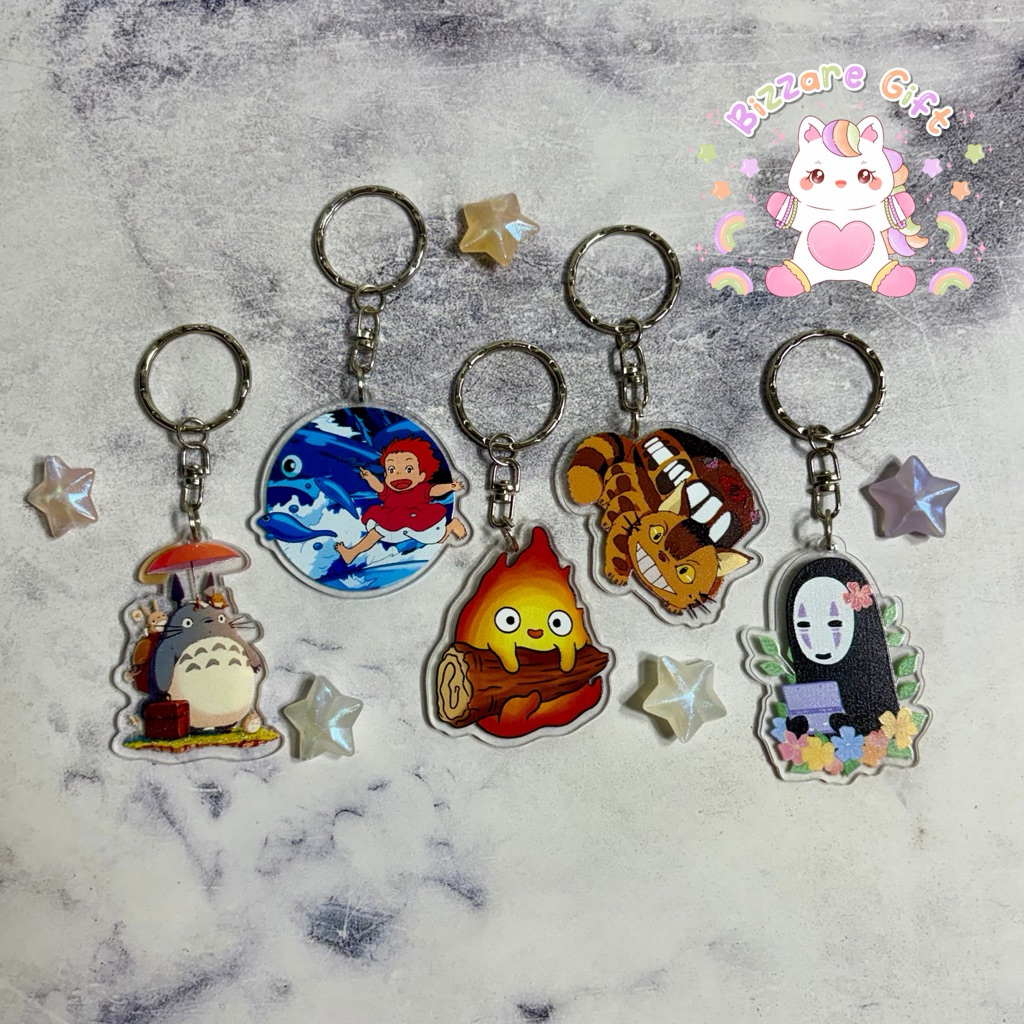 GHIBLI Keychain Japanese Gantungan Kunci Akrilik Ganci Ponyo Totoro Kaonashi Bus Cat Calcifer