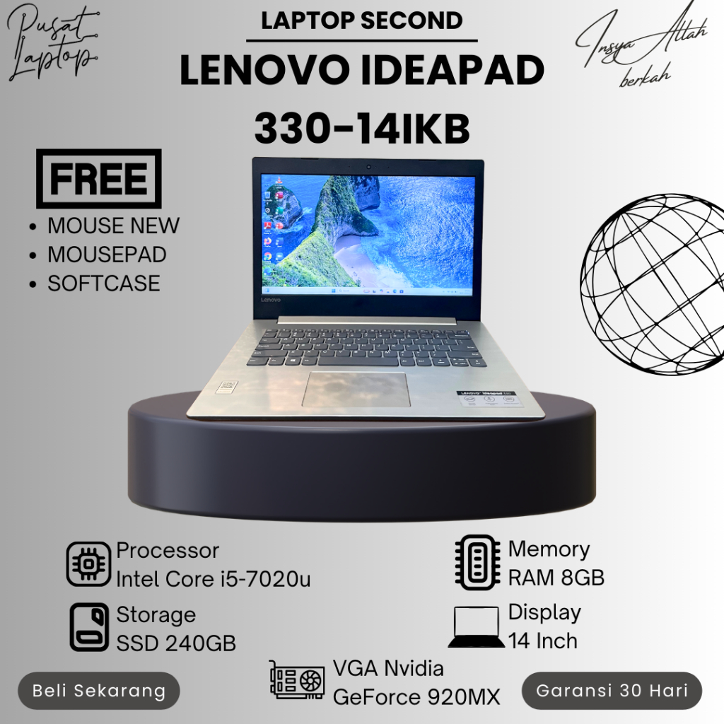 LAPTOP LENOVO IDEAPAD 330-14IKB SECOND | INTEL CORE I5 GEN 7 | RAM 8GB | SSD 240GB | NORMAL | BERGAR