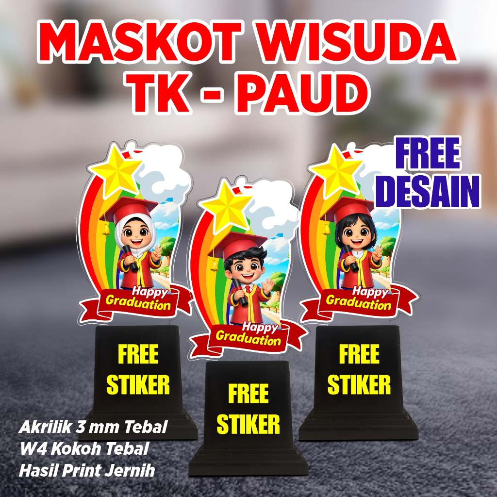 Plakat Wisuda TK - PAUD Merah Free Stiker | Akrilik Wisuda TK - PAUD | Maskot Wisuda TK - PAUD