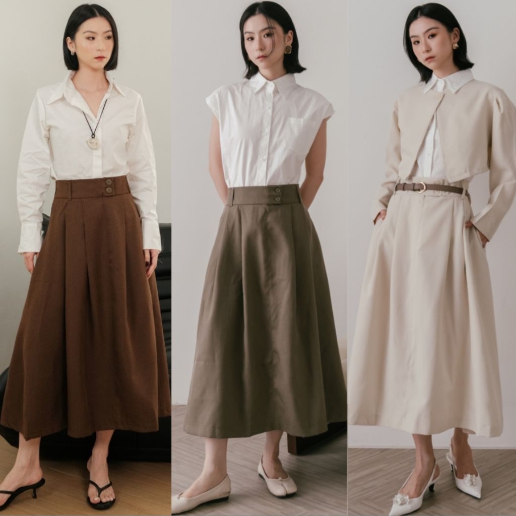 ‼️ TERBARU ‼️ PREMIUM LOKAL - REAL PIC ‼️ ROSSA VINTAGE BUTTON FLARE SEMIWOOL MIDI SKIRT