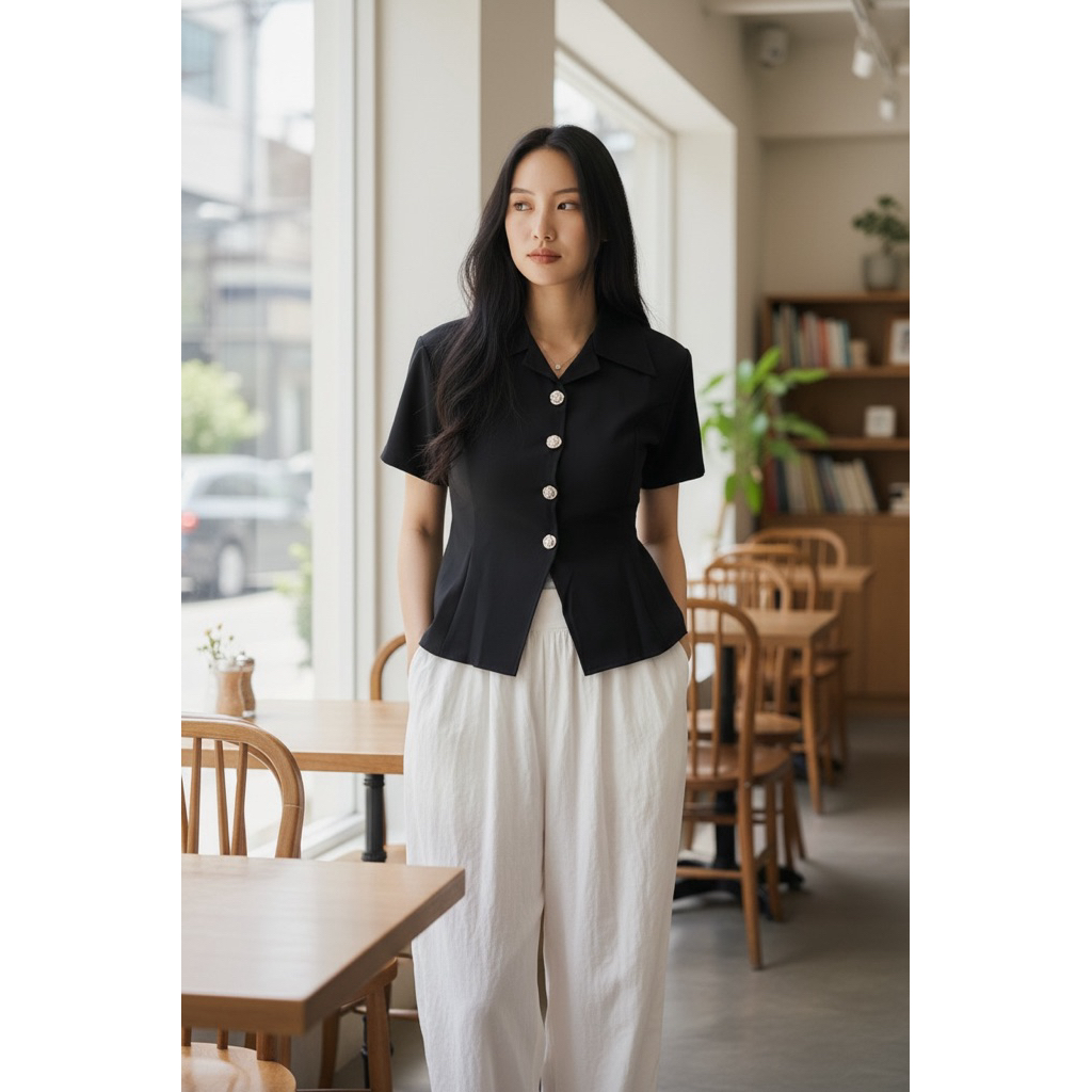 MANORAMA Daisy Blouse | Atasan Kerja Wanita Kantor Elegant | Kemeja Korea Lengan Pendek Bella Twill