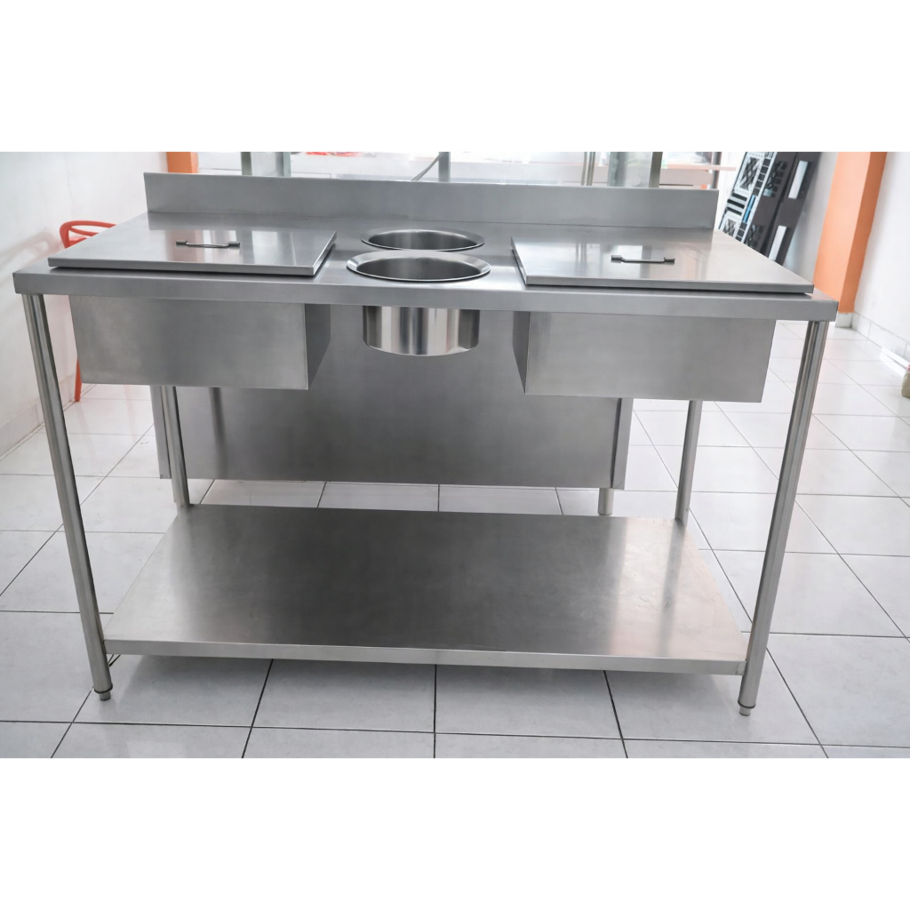 Meja Dusting Pengaduk Tepung Penepungan Ayam Stainless Steel 2 Lubang untuk Resto Fried Chicken ,Tem
