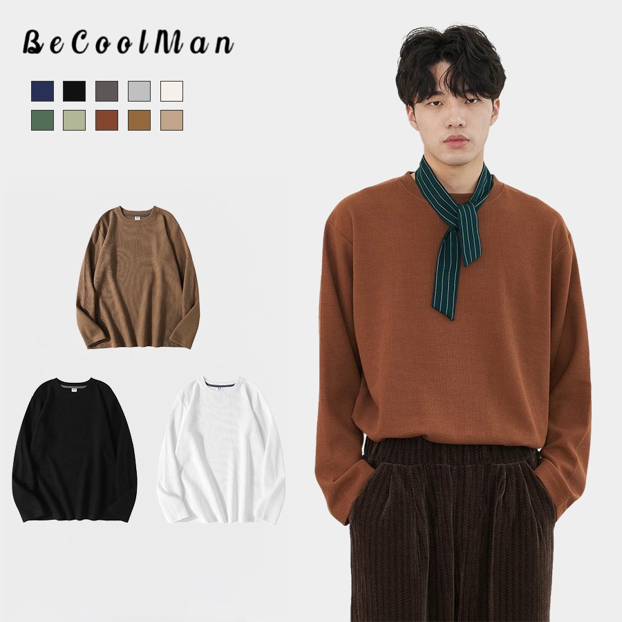 BeCoolMan | Kaos polo waffle pria | Korean style Workshirt Baggy Casual Long Sleeves