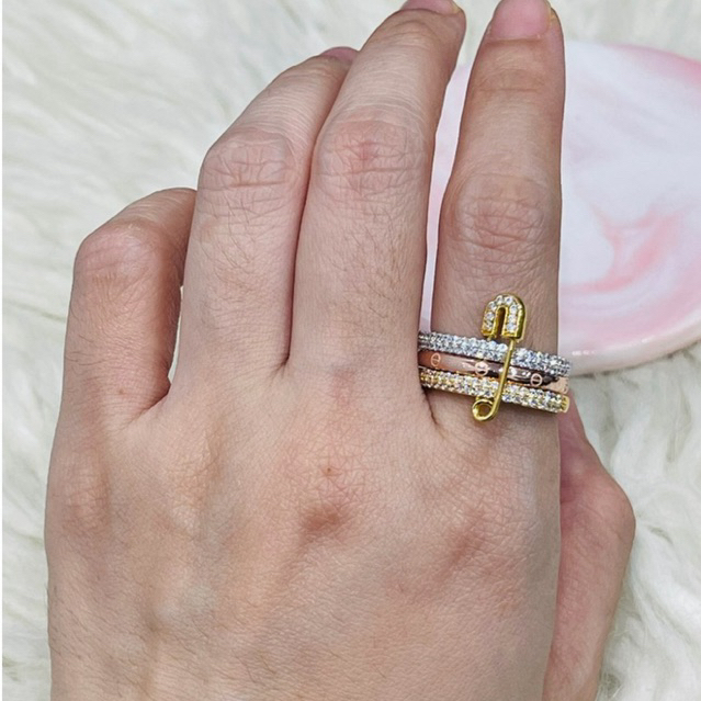 Cincin susun tiga warna variasi peniti AD terbaru mewah elegant uk 10 12 16 emas asli kadar 700 & 87