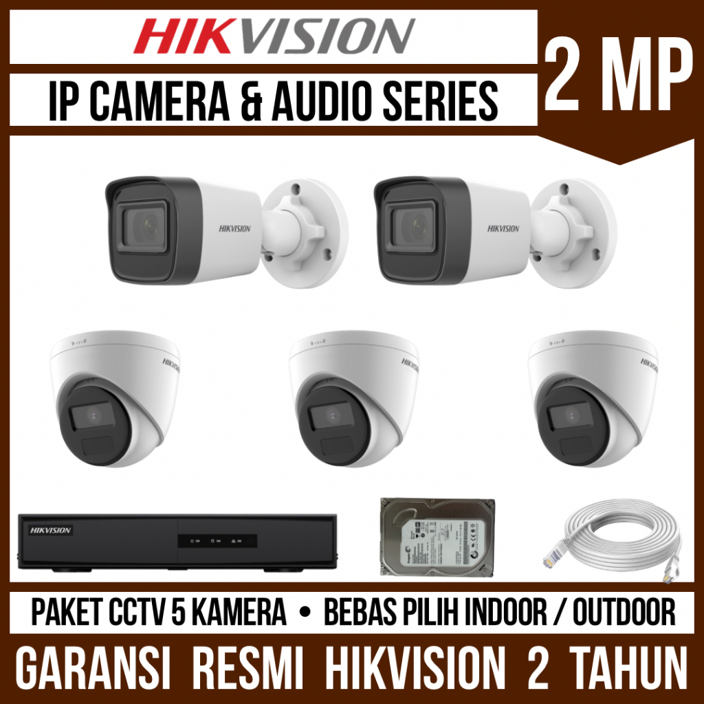 Paket CCTV Hikvision IP Camera 2MP 8 Channel 5 Kamera Audio Series IP Cam