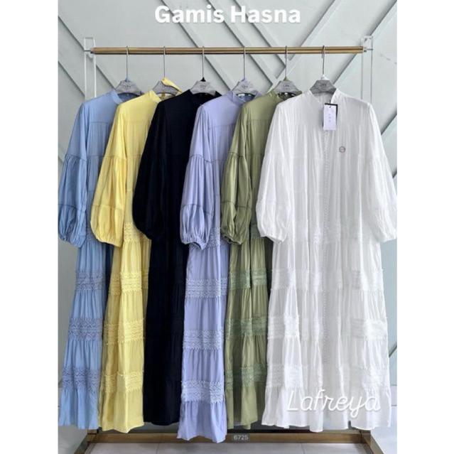 gamis hasna, kancing seribu lfy, dress goldy, gamis bkk, gamis putih, white maxi, dress katun bordir