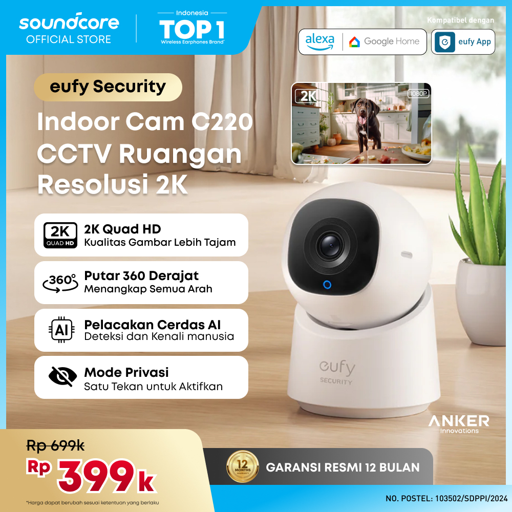 Eufy Security Indoor Cam C220 2K resolution Smart Security Camera With 360° Coverage, Human Detectio