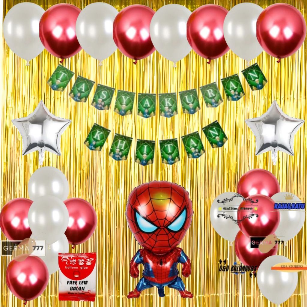 Set Dekorasi Tasyakuran Khitan Anak / Dekor Ultah Acara Khitanan Balon Spiderman Tirai Gold
