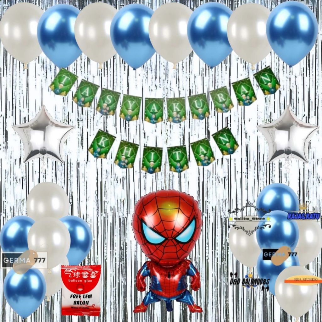 Set Dekorasi Tasyakuran Khitan Anak / Dekor Ultah Acara Khitanan Balon Spiderman Tirai Silver