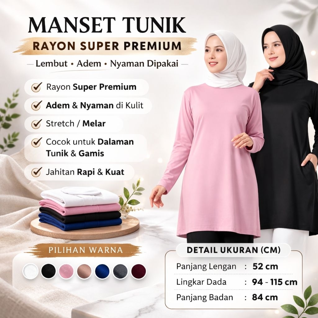 Baju Manset Wanita Tunik Rayon Super Premium Turtle Neck Lengan Panjang / Inner Manset Rayon Super P