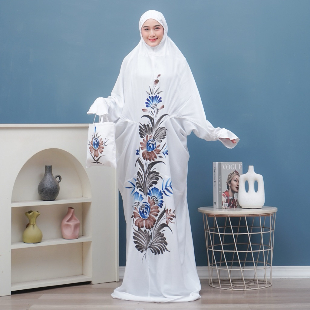 Mukena Terusan Lukis Putih Rayon Adem Tebal