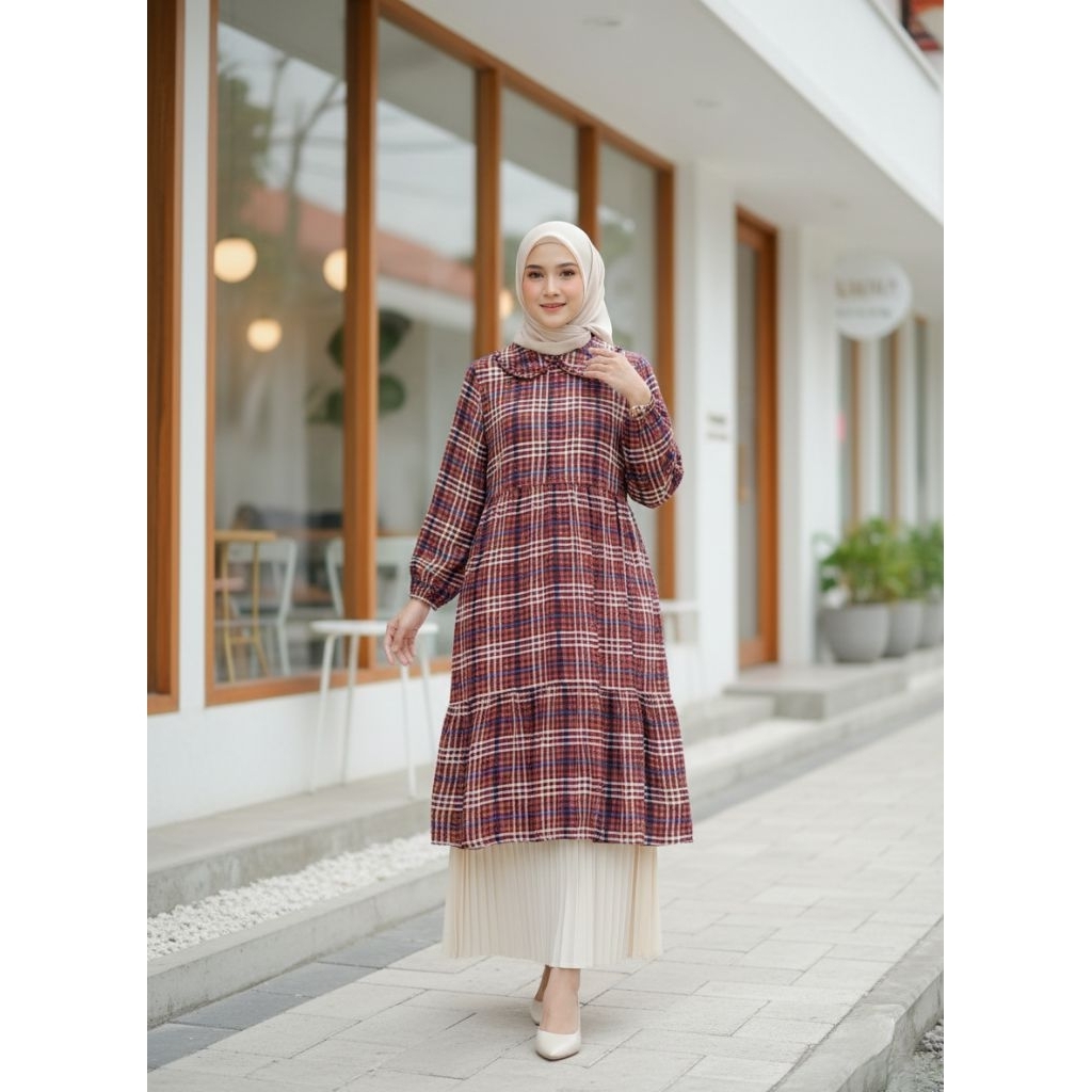 Atasan Tunik Katun Rayon Motif / Long Tunik Wanita Katun Rayon Motif Square / Tunik Maxi Wanita Moti