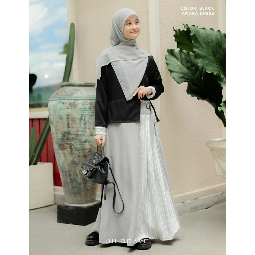 AMARA DRESS JILBRAVE | Gamis Preppy Casual Model Semiformal Bahan Katun dan Semiwool