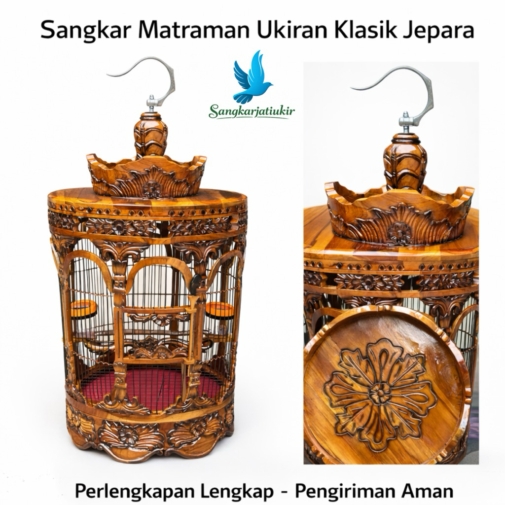 Sangkar Perkutut Mataraman Kayu Jati Ukir Klasik Jeruji Fiber – Full Ukiran Jepara Elegan & Kokoh