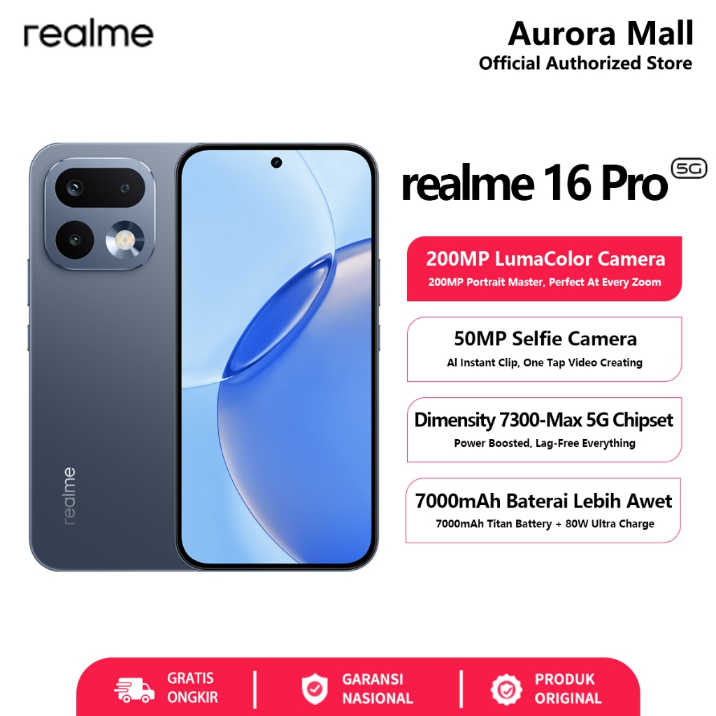 Hp realme 16 Pro 5G 12/256GB RAM 12GB+14GB Extended Garansi Resmi Android Handphone Terbaru 2026