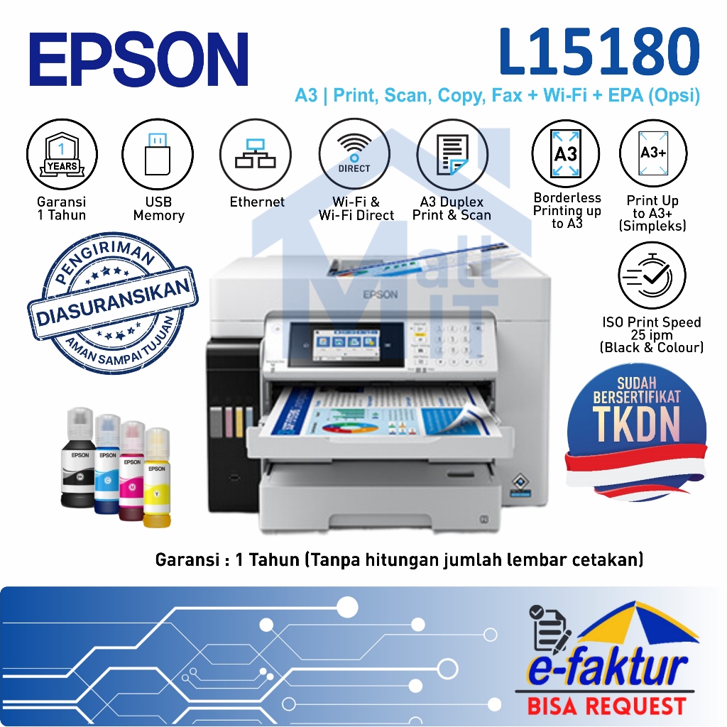 MALLIT EPSON Printer EPSON L15180 L-15180 L 15180 A3 Duplex ADF Wifi Pigment All in One Resmi