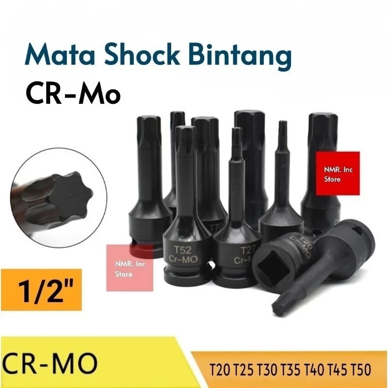 Mata Kunci Shock Bintang CR-Mo 1/2 Star Bit L T20 T25 T27 T30 T35 T40 T45 T50 Torx Key Heavy Duty, S