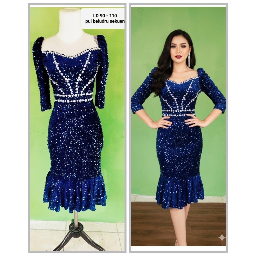 dress mewah pul beludru sekuen warna biru bca