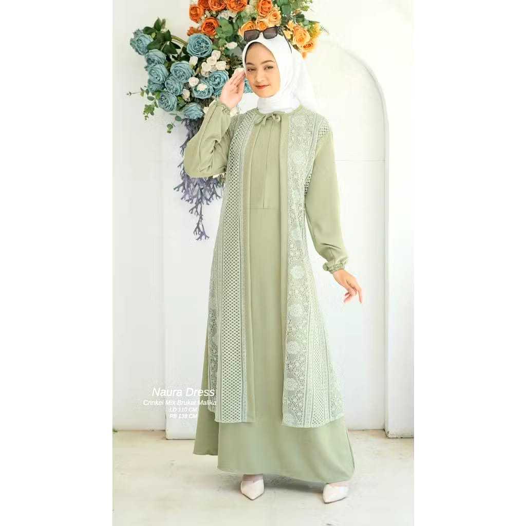 Naura Dress Terbaru / Gamis Crinkle Premium Mix Brukat Malika / Gamis Simple Elegan / Gamis Pesta Me