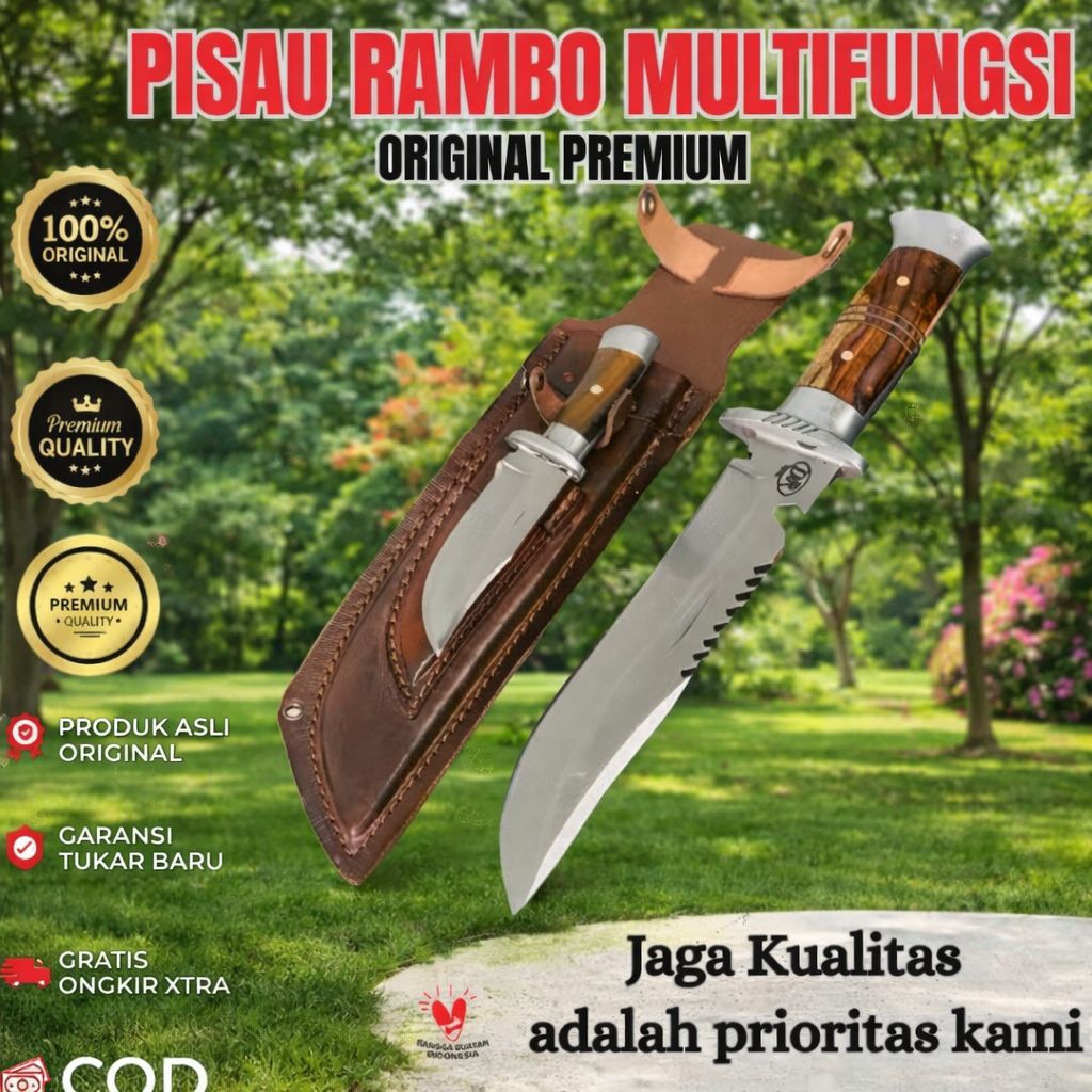 Pisau Rambo Survival 25cm Baja Per Asli 100% Fulltang + Sarung Kulit Kalep | Super Tajam Tebal 5mm O