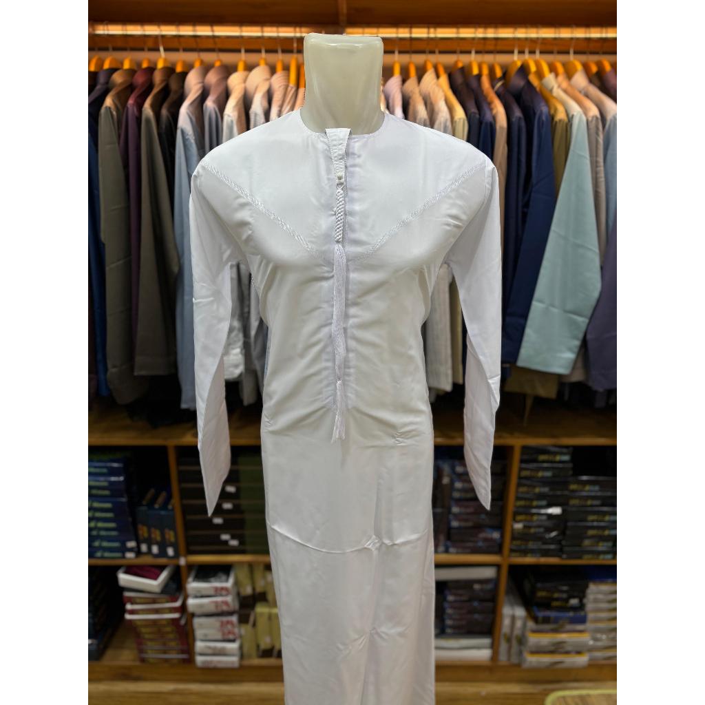 Gamis Ibnuwalid Premium Motif Omani – Katun Premium, Kerah Oblong, Rumbai & Kima Jahit Tangan