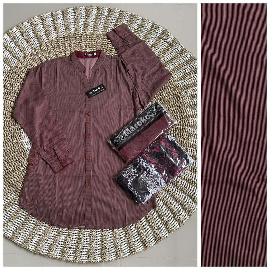 Stelan Tunik Hara Motif Salur + Sarung Aqil + Hijab