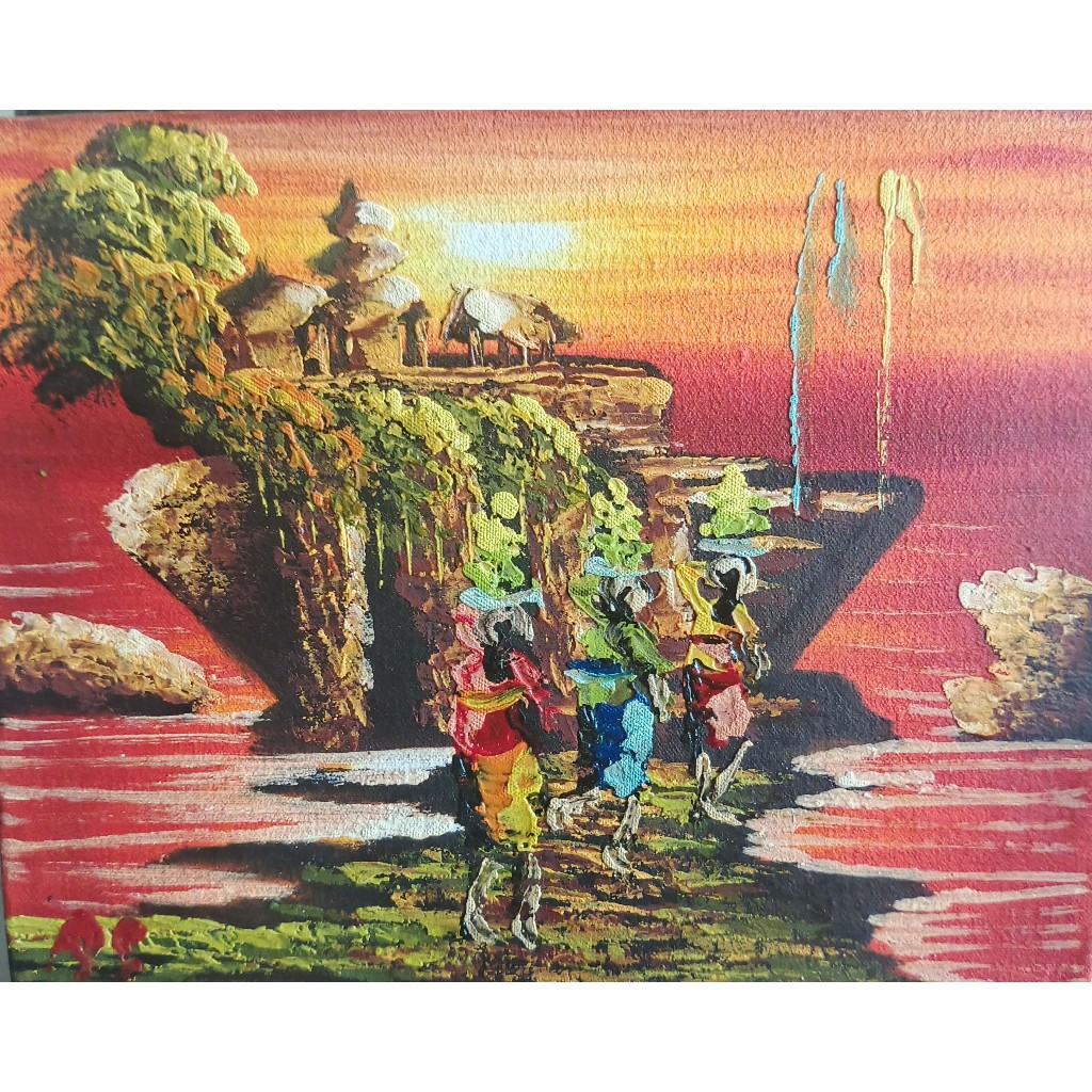 Lukisan Kanvas Pemandangan Pantai Tanah Lot Bali Buatan Tangan 20x25 cm Merah Biru
