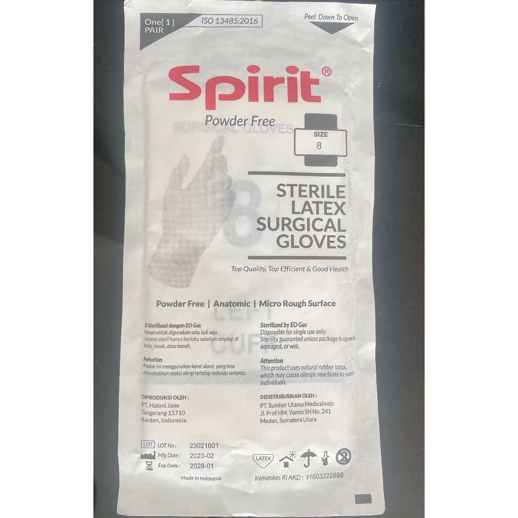 SPIRIT Powder Free Sarung Tangan Steril Ukuran 8 (Sterile Latex Surgical Gloves)
