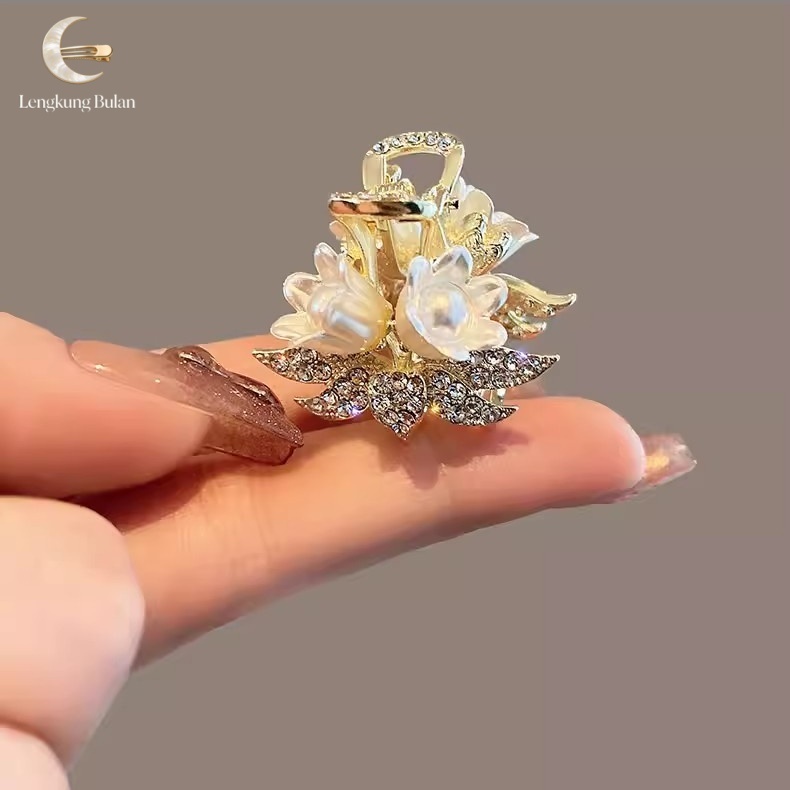 Jepit Rambut Mini Bunga Daun Kristal Frame Emas Estetik Natural Cantik Viral