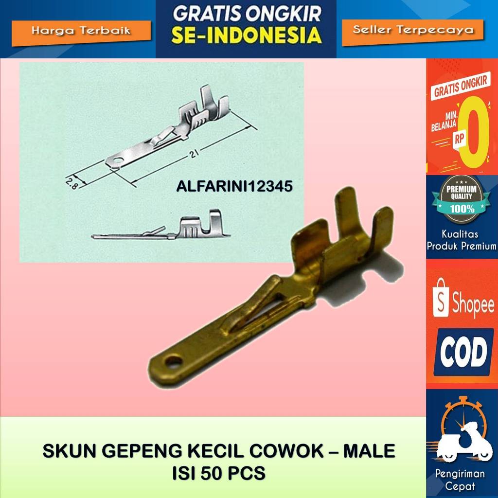 Skun gepeng kecil isi 50 pcs skun kabel - Skun Gepeng Kecil Cowok- Male  Untuk Soket Gepeng Kecil Co