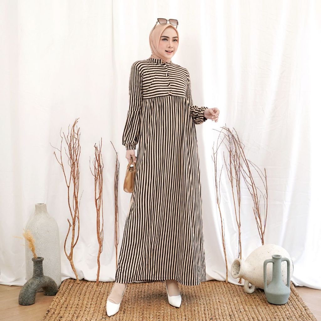 Dress Salur Rayon Lengan Panjang / Maxi Dress / Gamis Stripe