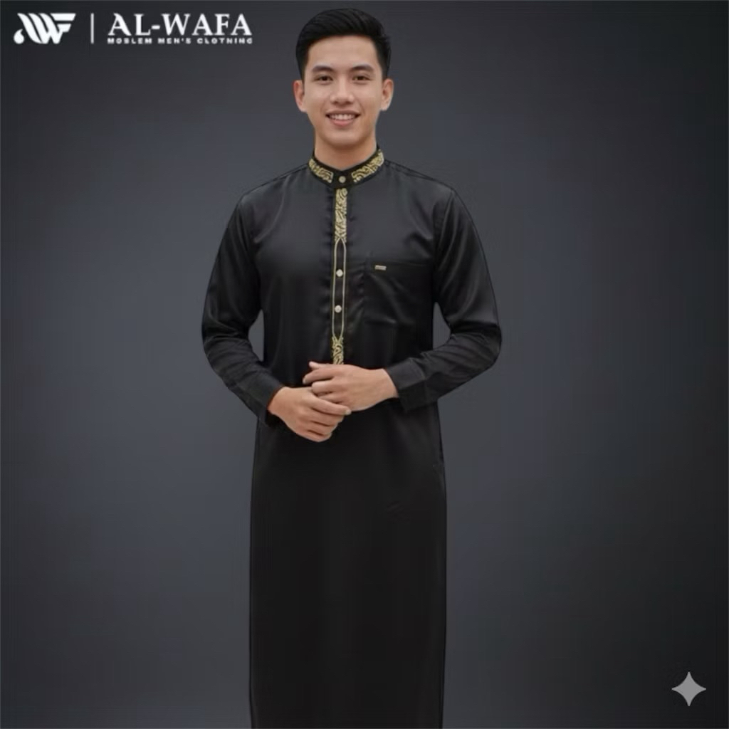 Gamis Dewasa pria Jubah Al wafa Bordir Hitam Thobe exclusive