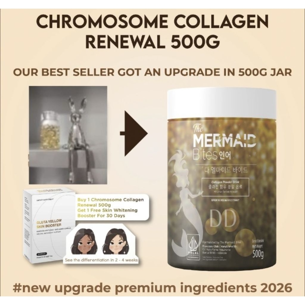 BPOM THE MERMAID BITES MC DD CHROMOSOME GLUTATHIONE WHITENING COLLAGEN 500G FREE WHITE TOMATO[1BOTTL