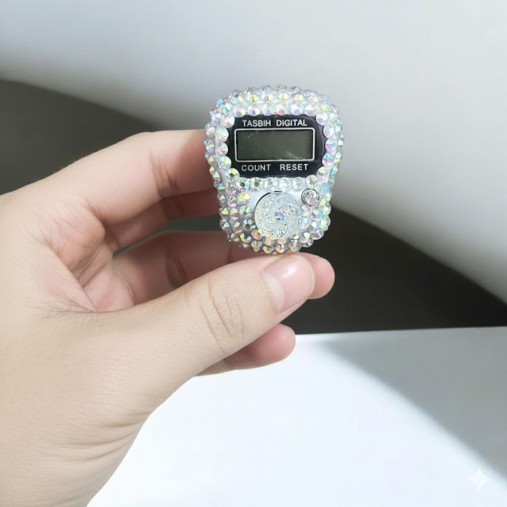 Tasbih Digital Swarovski - Tasbih Digital Cincin Mutiara, Crystal, Karet - Tasbih Digital Cantik