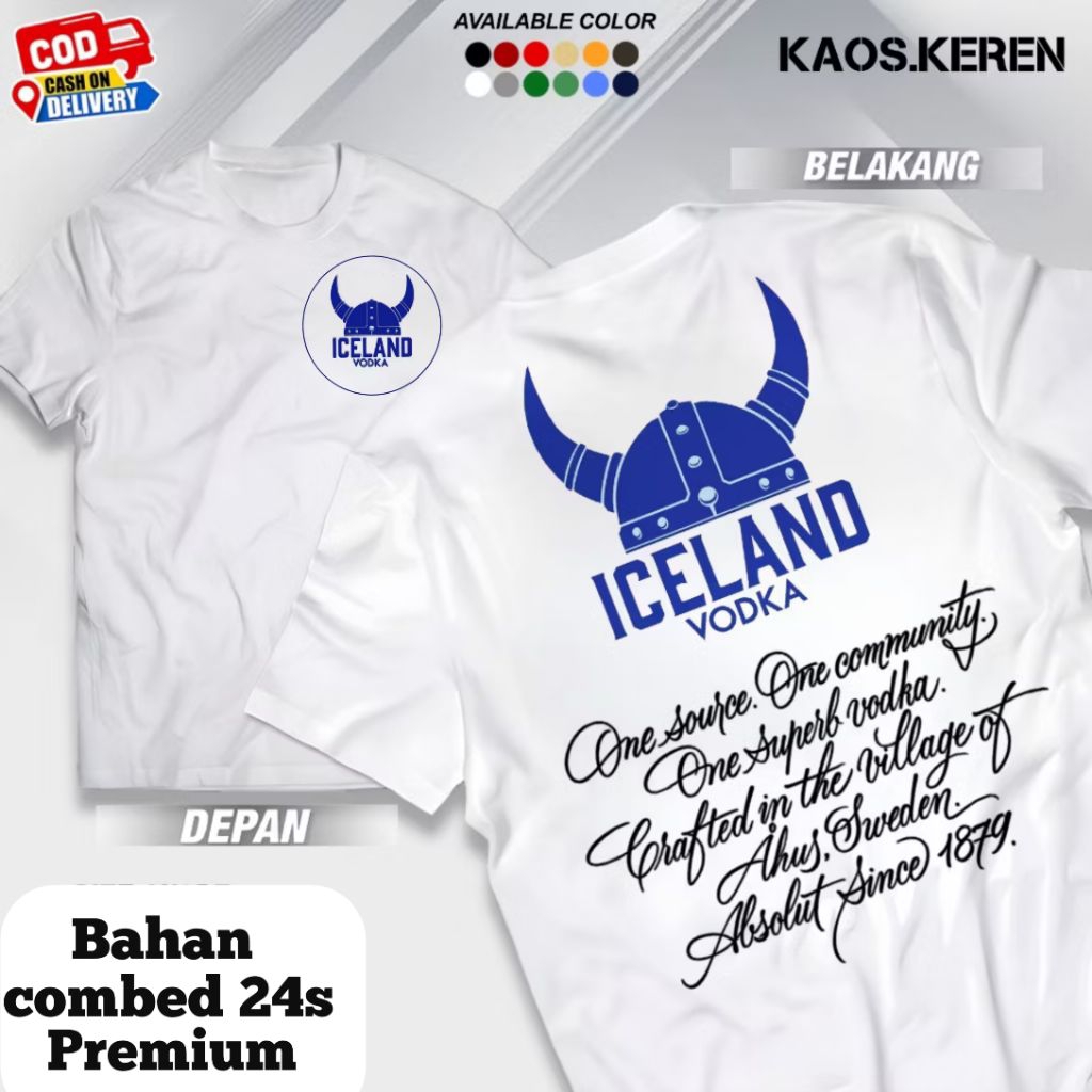 KAOS DISTRO ICELAND VODKA V1 /BAJU T-SHIRT LOGO ICELAND VODKA COMBED 24S UNISEX PREMIUM