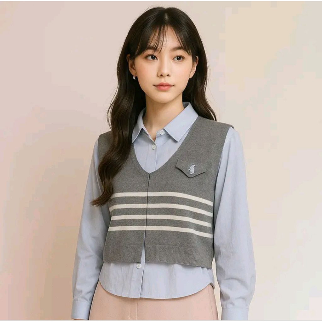Rompi Vest Wanita Rajut Coklat Motif Garis Premium Outer Wanita Korea Kekinian Fashion Casual Elegan