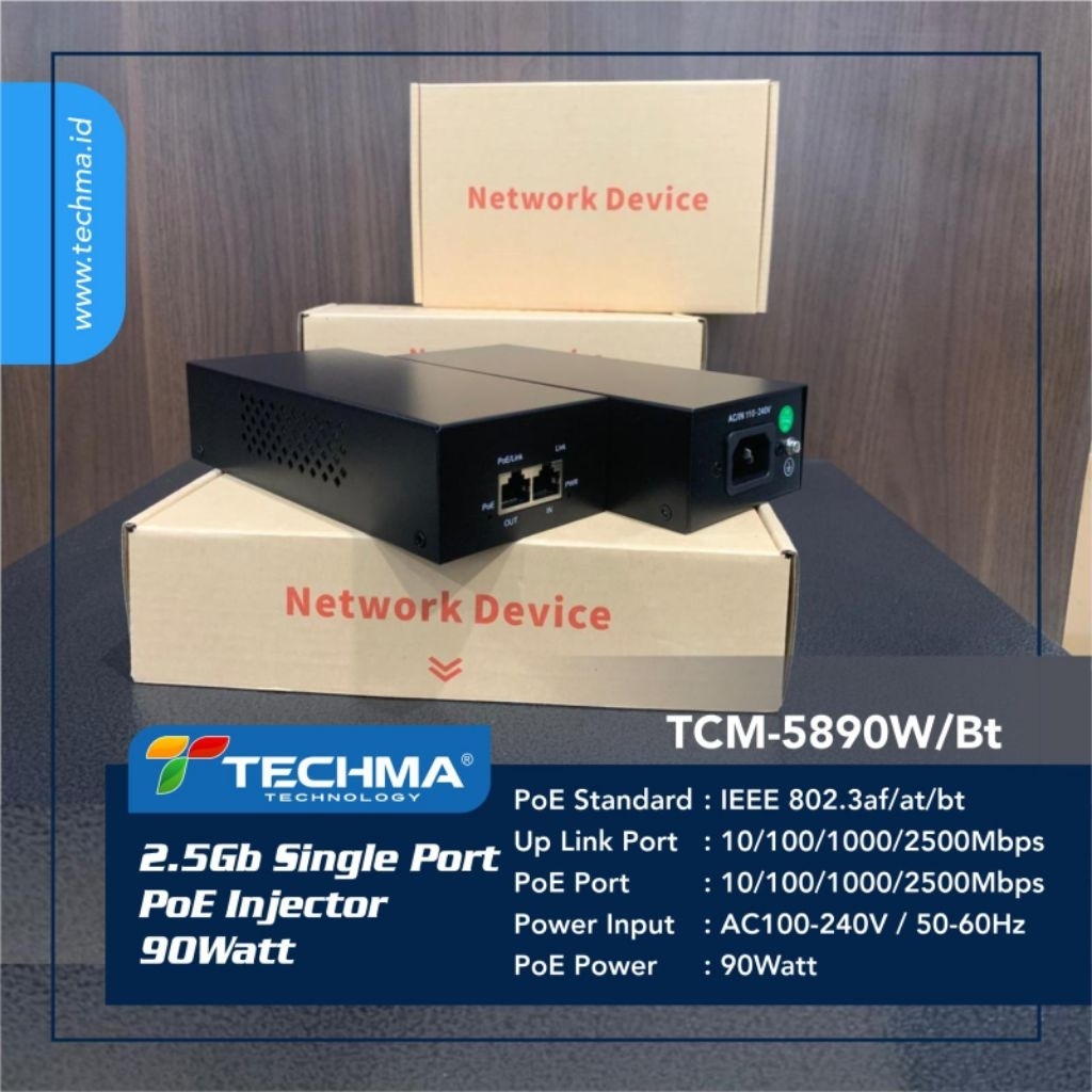 Techma TCM-5890W/Bt 2.5Gb Single Port PoE Injector 90W