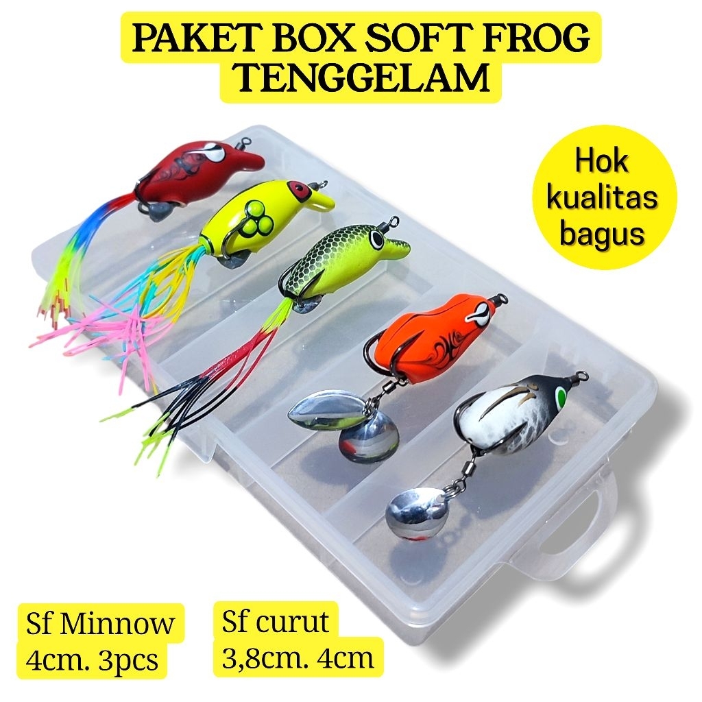 PAKET 5PCS SOFT FROG MINNOW DAN CURUT TENGGELAM. paket umpan casting gabus. paket lure casting harua
