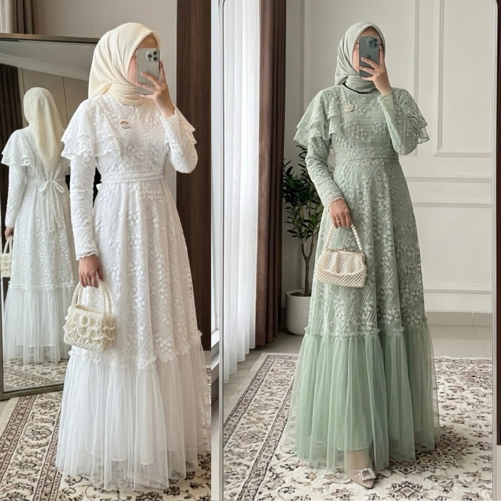 [ORI] Khalista Dress Brukat Mix Tille Polos Ld 110/Dress Brukat Kondangan/Dress Sage Green/Dress Bus